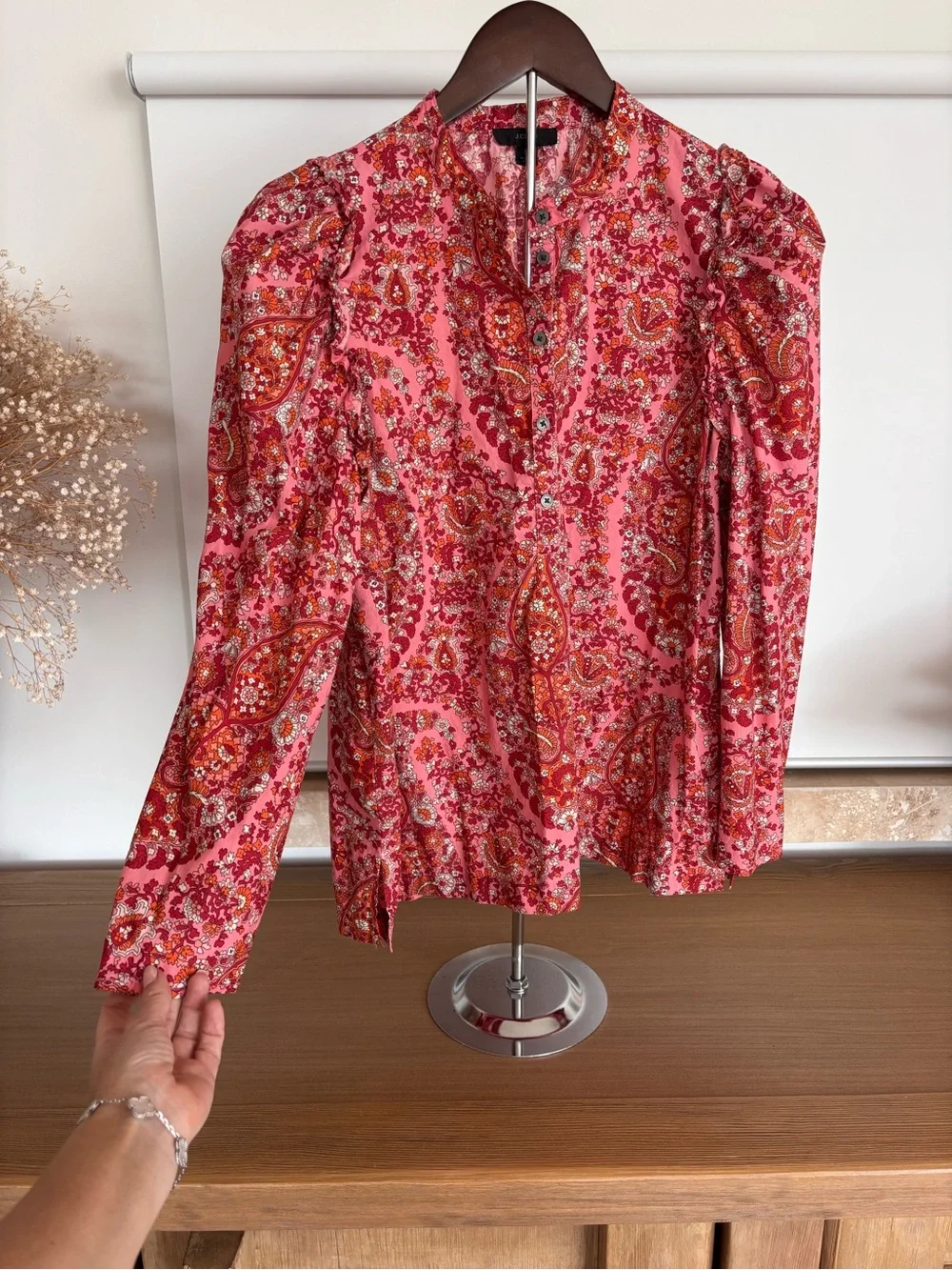 J.Crew Pink Paisley Floral Shirt Cotton Puff Sleeve Blouse Size M Boho Top Fall